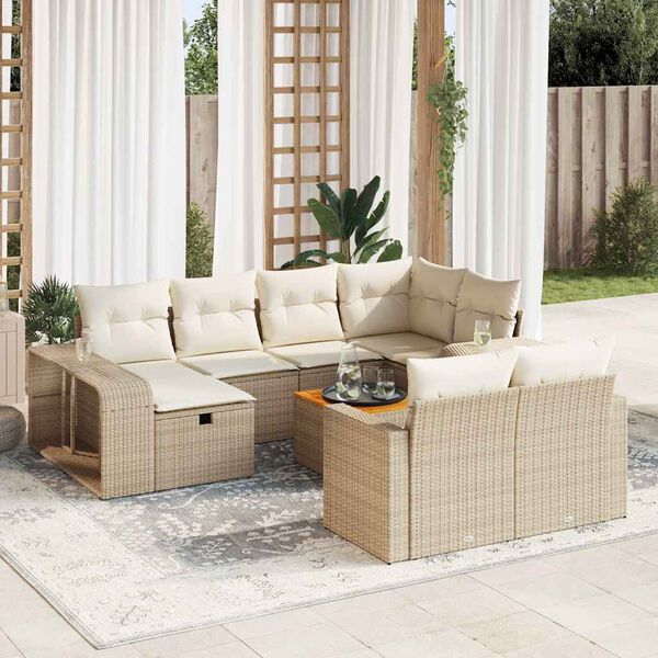 vidaXL 11-tlg. Garten-Sofagarnitur mit Kissen Beige Poly Rattan