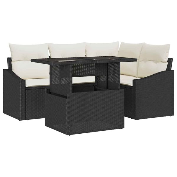 vidaXL Garten-Sofa-Set mit Kissen mit Speicher 5 pcs Schwarz und Creme