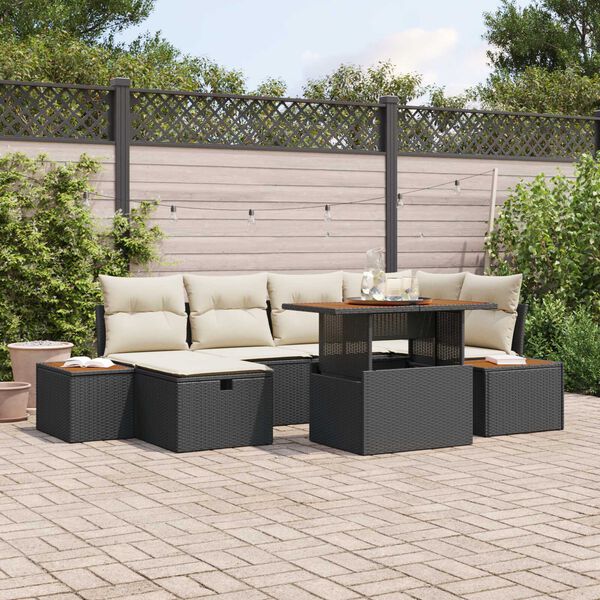 vidaXL Garten-Sofa-Set mit Kissen 7 pcs Schwarz Poly Rattan