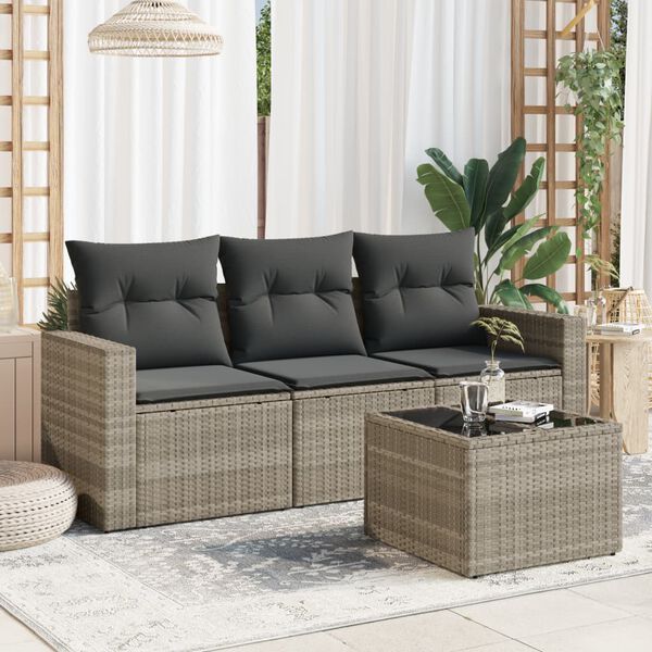 vidaXL 4-tlg. Garten-Sofagarnitur mit Kissen Hellgrau Poly Rattan