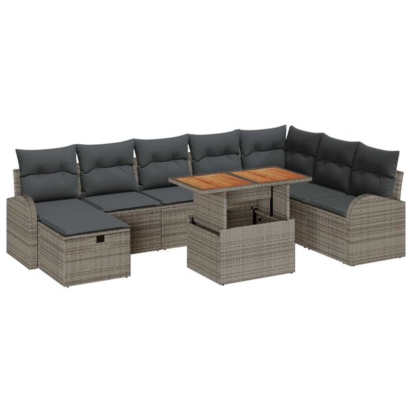 vidaXL Garten-Sofa-Set mit Kissen mit Speicher 9 pcs Grau Poly Rattan