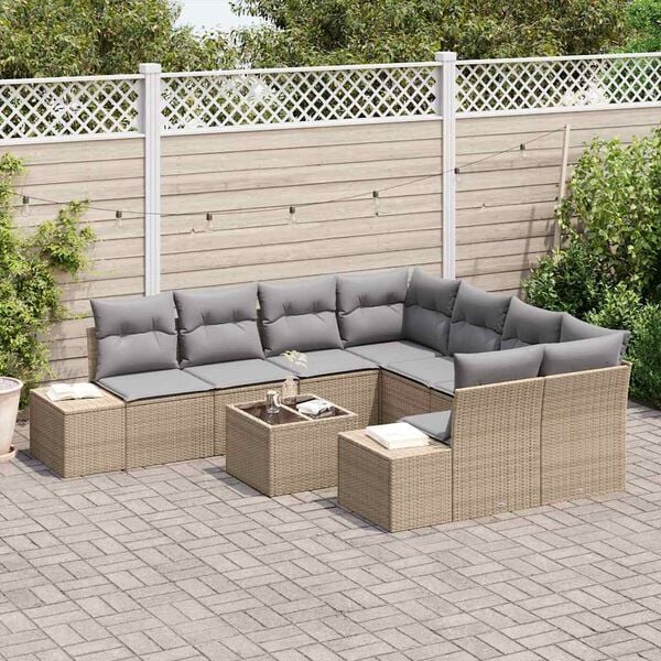 vidaXL Garten-Sofa-Set mit Kissen 9 pcs Beige und Grau Poly-Rattan