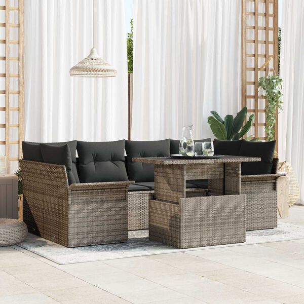 vidaXL Gartensofa-set mit Kissen mit Speicher 7 pcs Grau Poly Rattan