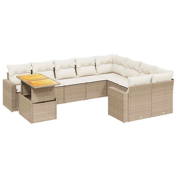 vidaXL 10-tlg. Garten-Sofagarnitur mit Kissen Beige Poly Rattan
