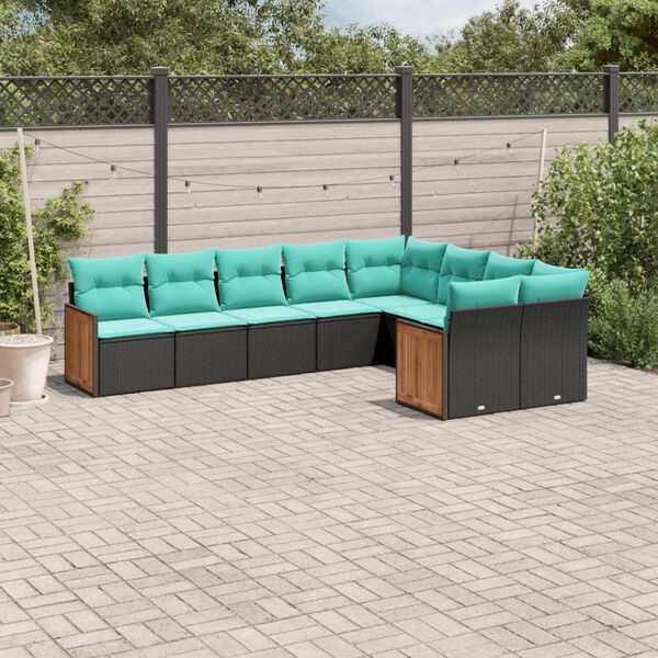 vidaXL 9-teiliges Gartensofa-Set mit Kissen, schwarzes Polyrattan