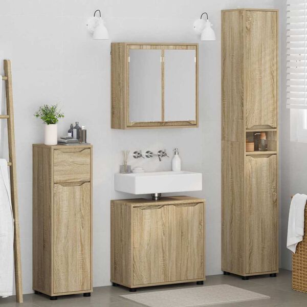 vidaXL Badezimmerm&ouml;bel-Set mit Regal 4 pcs Sonoma-Eiche Holzwerkstoff