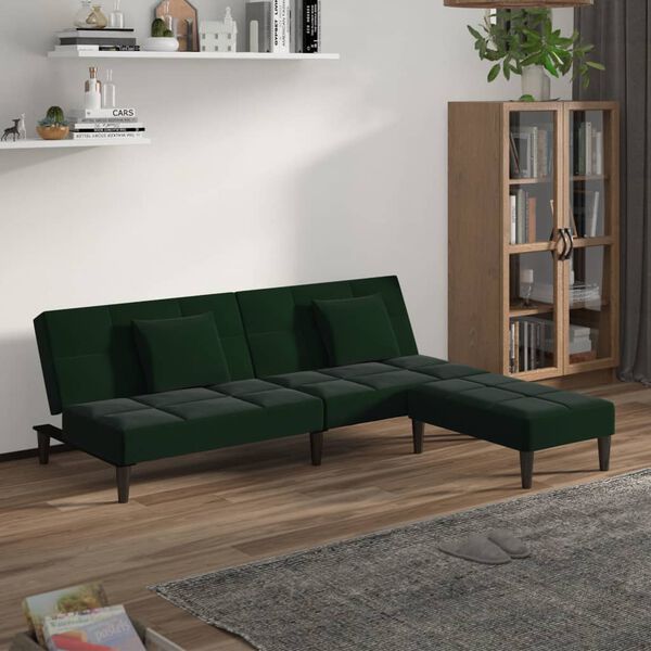 vidaXL Schlafsofa 2-Sitzer mit 2 Kissen & Hocker Dunkelgr&uuml;n Samt