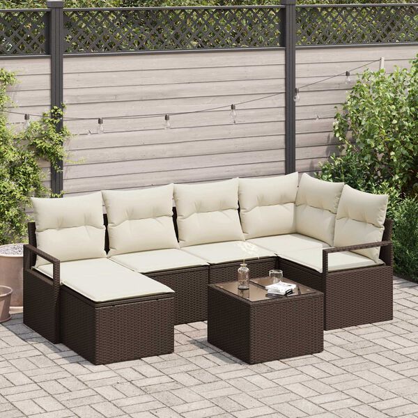 vidaXL Sofa Set mit Kissen 7 pcs Braun und Creme Poly-Rattan