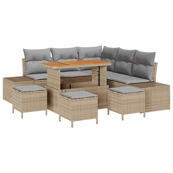 vidaXL Gartensofa-set mit Kissen mit Speicher 9 pcs Beige Poly Rattan