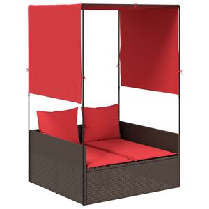 vidaXL Doppelte Sonnenliege mit Dach und Vorh&auml;ngen Braun Poly Rattan