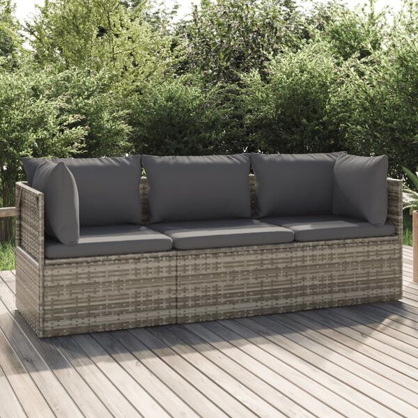 vidaXL 3-tlg. Garten-Lounge-Set mit Kissen Grau Poly Rattan