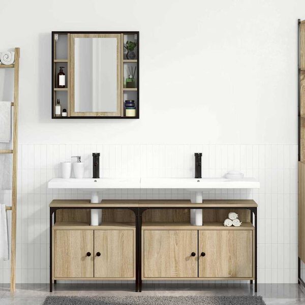 vidaXL Badezimmerm&ouml;bel-Set mit Regal mit T&uuml;r 3 pcs Braun Holzwerkstoff