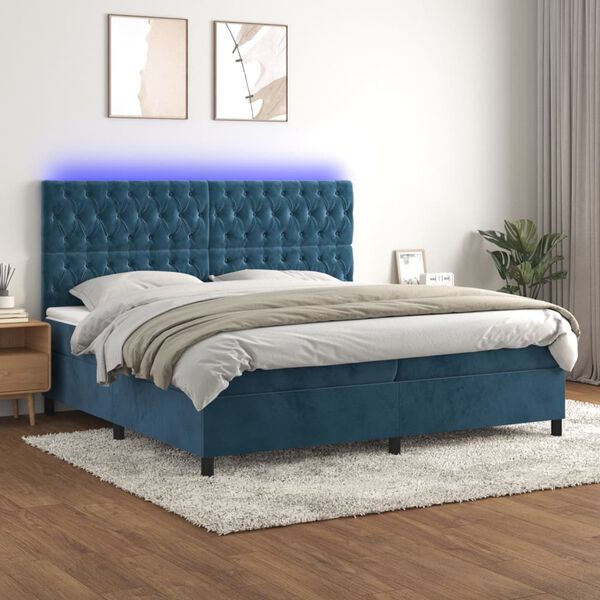 vidaXL Boxspringbett mit Matratze & LED Dunkelblau 200x200 cm Samt