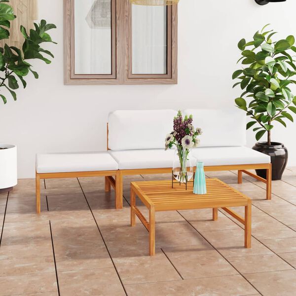 vidaXL 4-tlg. Garten-Lounge-Set mit Creme Kissen Massivholz Teak