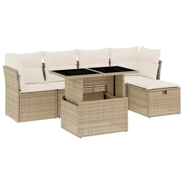 vidaXL 6-tlg. Garten-Sofagarnitur mit Kissen Beige Poly Rattan