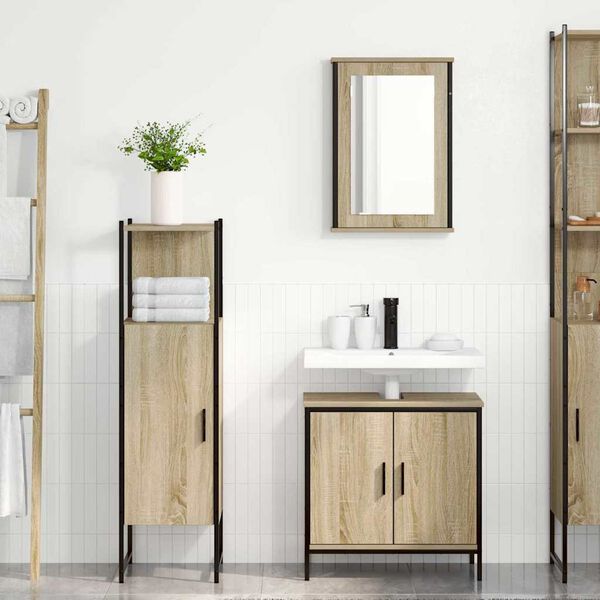 vidaXL Badezimmerm&ouml;bel-Set mit Regal mit T&uuml;r 3 pcs Braun Holzwerkstoff
