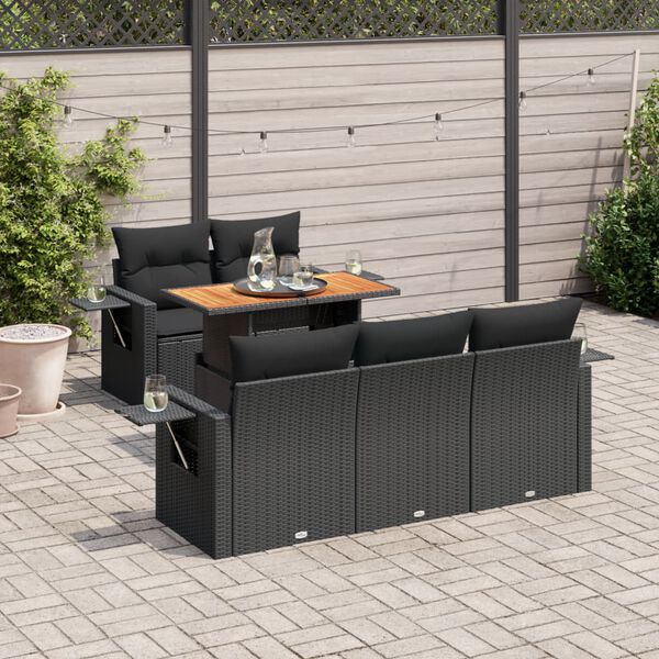 vidaXL 6-tlg. Garten-Sofagarnitur mit Kissen Schwarz Poly Rattan