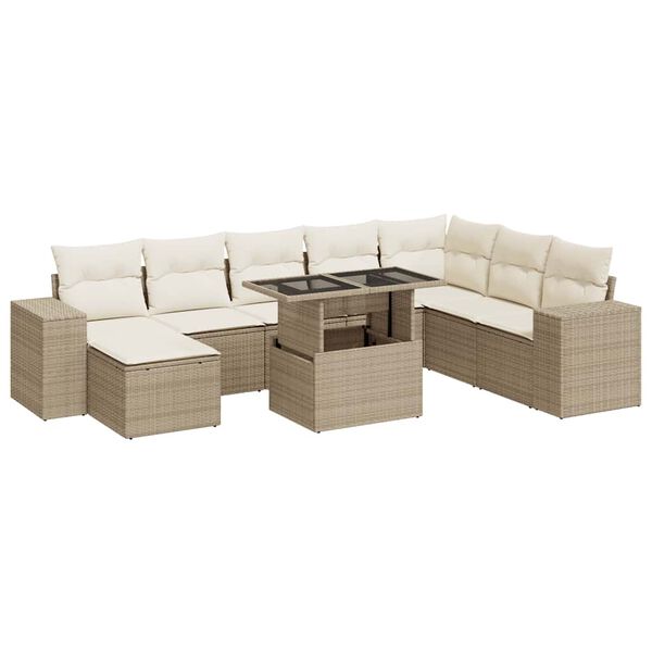 vidaXL 9-tlg. Garten-Sofagarnitur mit Kissen Beige Poly Rattan