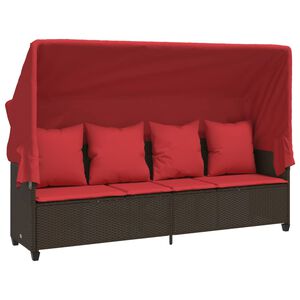vidaXL Sonnenliege mit Dach und Kissen Braun Poly Rattan
