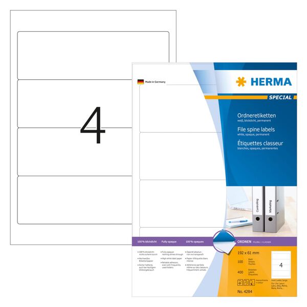 HERMA Ordner-Etiketten LAF Permanent A4 192x61 mm 100 Bl&auml;tter Wei&szlig;