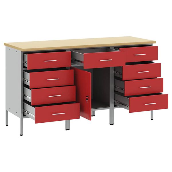 vidaXL Werkbank mit Schubladen 3 pcs Rot und Grau 150 x 55 x 85 cm