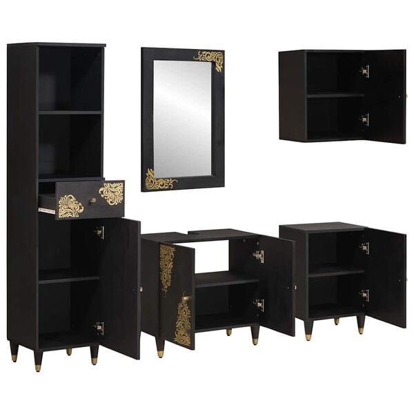 vidaXL Badezimmerschrank-Set mit Tür 5 pcs Schwarz Massivholz Mango