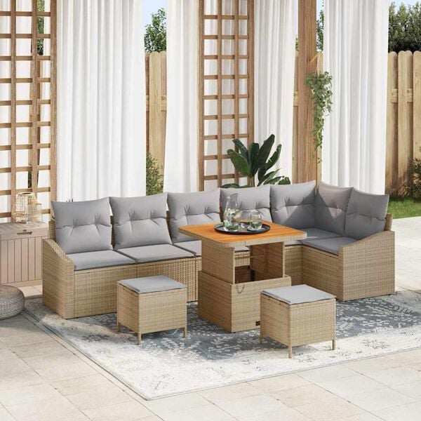 vidaXL Gartensofa-set mit Kissen mit Speicher 9 pcs Beige Poly Rattan