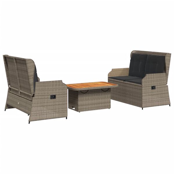 vidaXL 3-tlg. Garten-Lounge-Set mit Kissen Grau Poly Rattan