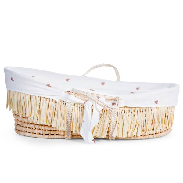 CHILDHOME Moseskorb Raffiabast mit Matratze und Bezug Herzen-Muster