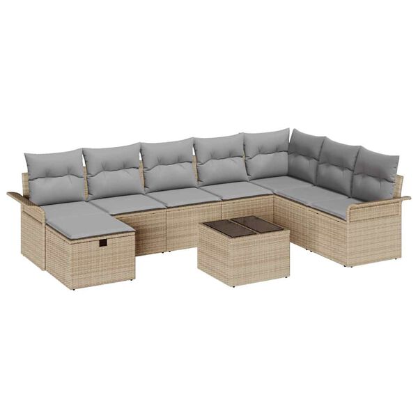 vidaXL Garten-Sofa-Set mit Kissen mit Speicher 9 pcs Beige Poly Rattan