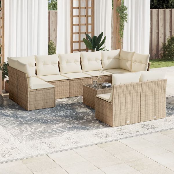 vidaXL 10-tlg. Garten-Sofagarnitur mit Kissen Beige Poly Rattan