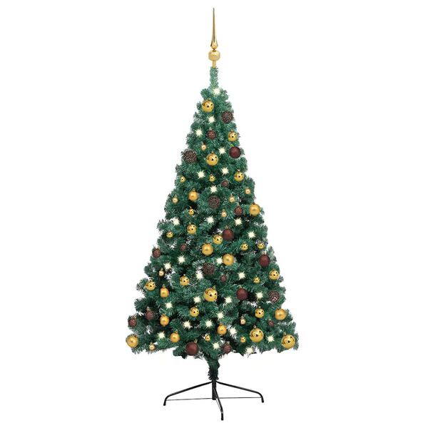 vidaXL K&uuml;nstlicher Halb-Weihnachtsbaum Beleuchtung Kugeln Gr&uuml;n 240 cm
