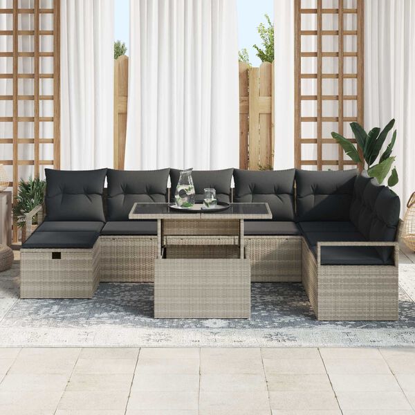 vidaXL Garten-Sofa-Set mit Kissen 9 pcs Hellgrau Poly Rattan