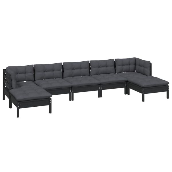 vidaXL 7-tlg. Garten-Lounge-Set mit Kissen Schwarz Kiefernholz
