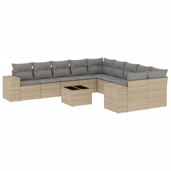 vidaXL 11-tlg. Garten-Sofagarnitur mit Kissen Beige Poly Rattan