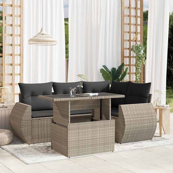 vidaXL 5-tlg. Garten-Sofagarnitur mit Kissen Hellgrau Poly Rattan