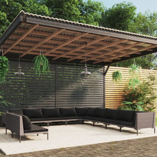 vidaXL 11-tlg. Garten-Lounge-Set mit Kissen Poly Rattan Dunkelgrau