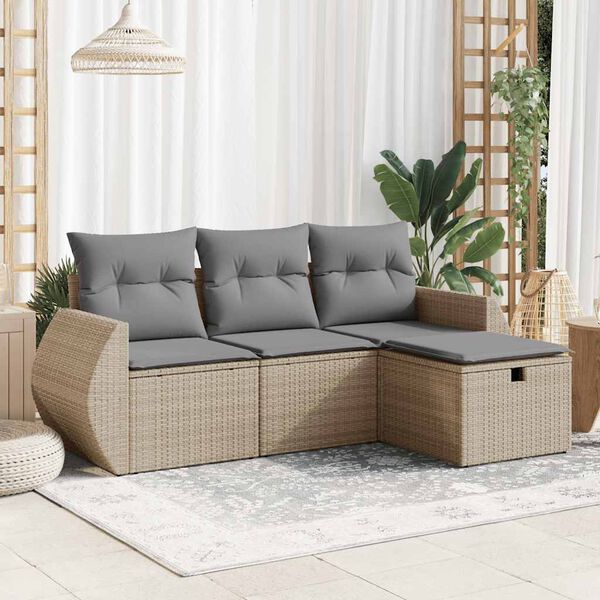 vidaXL 4-tlg. Garten-Sofagarnitur mit Kissen Beige Poly Rattan