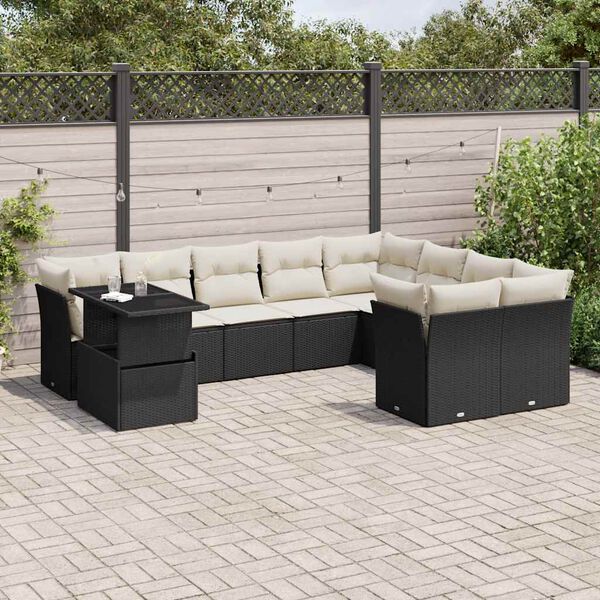 vidaXL 10-tlg. Garten-Sofagarnitur mit Kissen Schwarz Poly Rattan