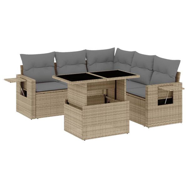 vidaXL 6-tlg. Garten-Sofagarnitur mit Kissen Beige Poly Rattan