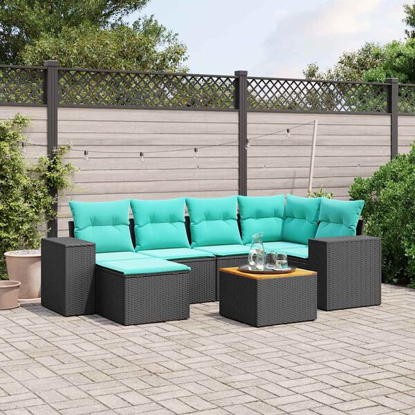 vidaXL 7-teiliges Gartensofa-Set mit Kissen, schwarzes Polyrattan
