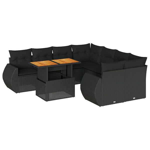 vidaXL 9-tlg. Garten-Sofagarnitur mit Kissen Schwarz Poly Rattan