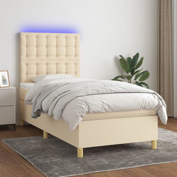 vidaXL Boxspringbett mit Matratze & LED Creme 90x190 cm Stoff