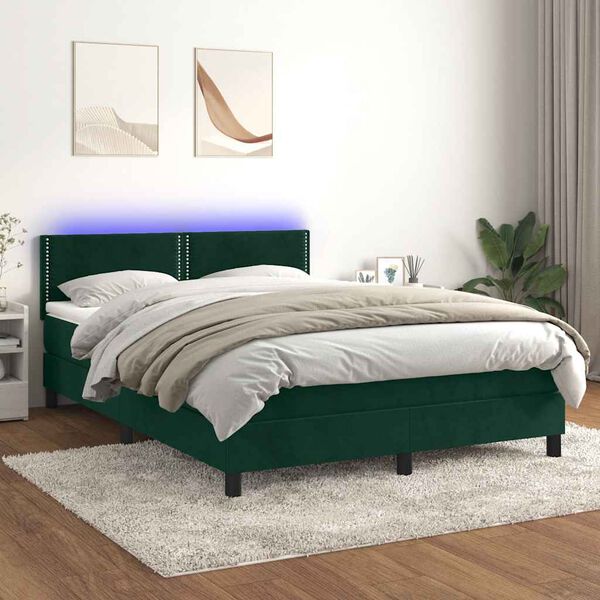 vidaXL Boxspringbett mit Matratze & LED Dunkelgr&uuml;n 140x200 cm Samt
