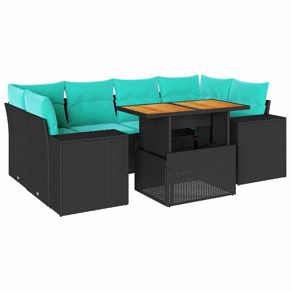 vidaXL 7-tlg. Garten-Sofagarnitur mit Kissen Schwarz Poly Rattan