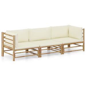 vidaXL 3-tlg. Garten-Lounge-Set mit Cremewei&szlig;en Kissen Bambus