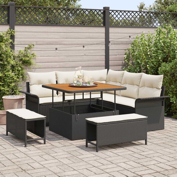 vidaXL Garten-Sofa-Set mit Kissen mit Speicher 8 pcs Schwarz und Creme