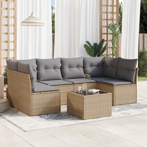 vidaXL 7-tlg. Garten-Sofagarnitur mit Kissen Beige Poly Rattan
