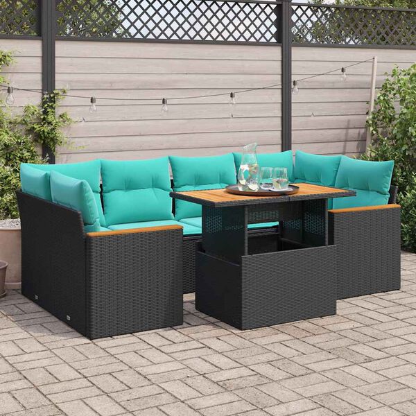 vidaXL 7-tlg. Garten-Sofagarnitur mit Kissen Schwarz Poly Rattan
