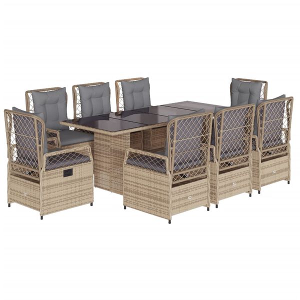 vidaXL 9-tlg. Garten-Essgruppe mit Kissen Beige Poly Rattan